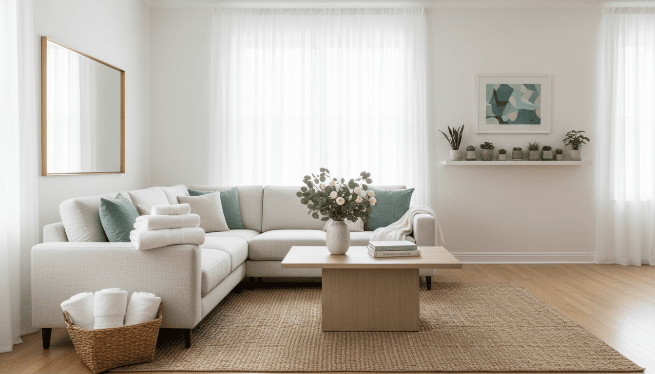 Bright clean living room with fresh towels and neat arrangement