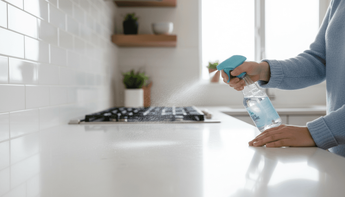 Professional cleaner wiping kitchen counter in bright modern home