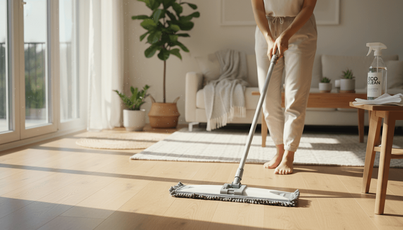 Bright modern living room being cleaned with spray bottle and microfiber cloth in natural light