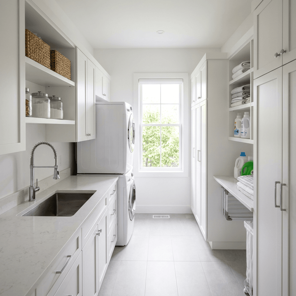 A bright and modern white laundry room features a stacked washer and dryer, a deep sink with a pull-down faucet, organized white cabinets and shelves, and a window with a green outdoor view.